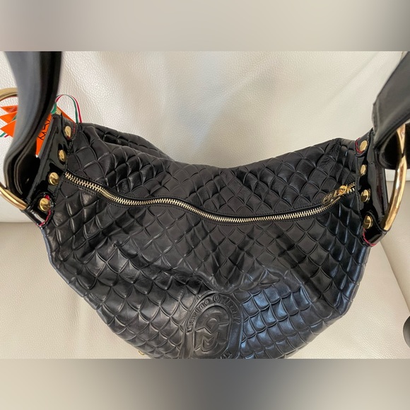MARINO ORLANDI Italy XL BLACK ShoulderBag/Tote converts to Sling Emboss Leather - Picture 2 of 15
